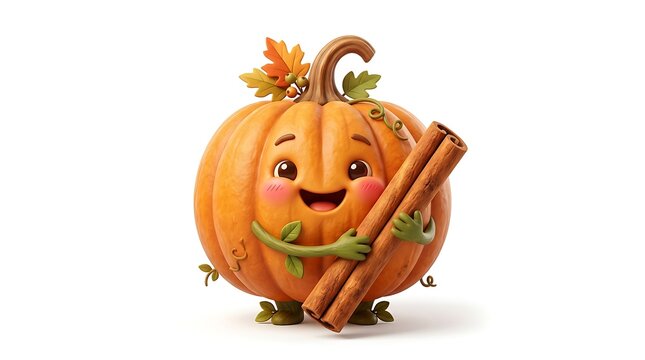 Charming Cartoon Pumpkin with Cinnamon Sticks, Autumn Theme, White Background