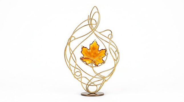 Abstract Gold Wire Sculpture with Translucent Amber Leaf and White Background