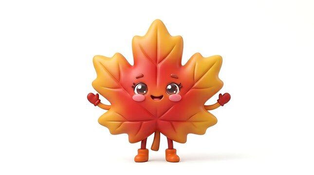 Cute Cartoon Autumn Leaf Character Waving Isolated on White Background