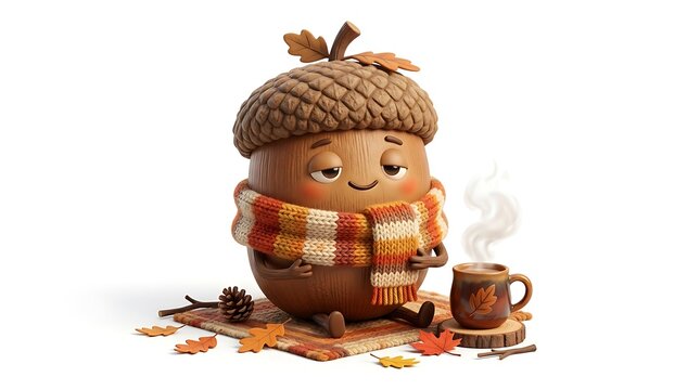 Cute Acorn Character with Scarf and Hot Drink, Autumn Season Concept