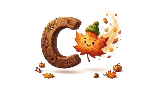 Autumn Wooden Letter C and Happy Cartoon Maple Leaf with Fall Elements