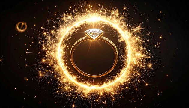 Elegant diamond ring framed by a shimmering circular firework display in a dark luxurious background for special celebration moments