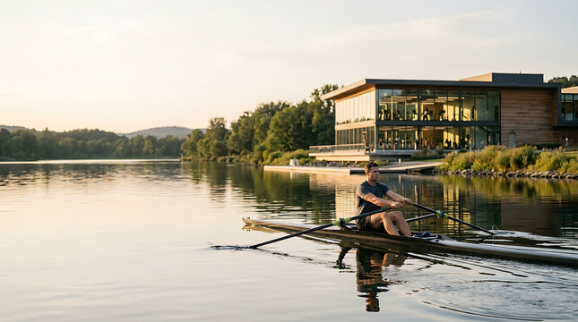 Man rowing scull on calm lake with modern building at sunrise