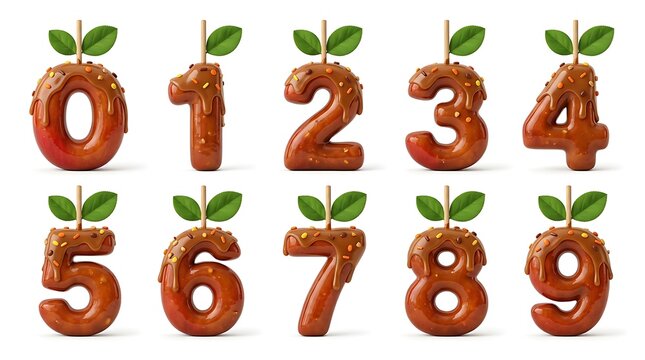 Numbers 0-9 as Red Apples with Chocolate and Green Leaves on White Background