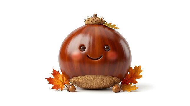 Cute Happy Chestnut Cartoon Character with Autumn Leaves on White Background