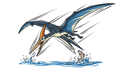Pterodactyl diving into water to catch a fish illustration. © ombg