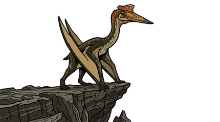 Pterodactyl standing on a rocky cliff cartoon illustration. © ombg