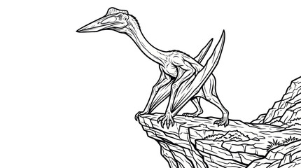 Pterodactyl standing on a rocky cliff edge line art. © ombg