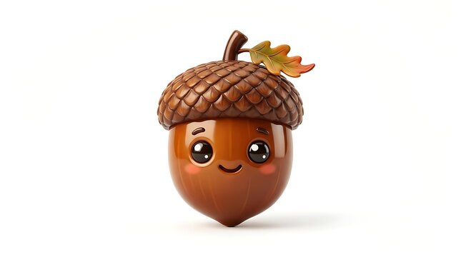 Charming Cute Acorn Character with Smiling Face, Autumn Icon on White