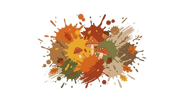 Autumn forest elements on colorful ink splatter abstract design vector