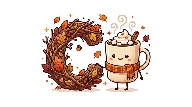 Cute Autumn Decor and Hot Drink Character in a Festive Fall Setting