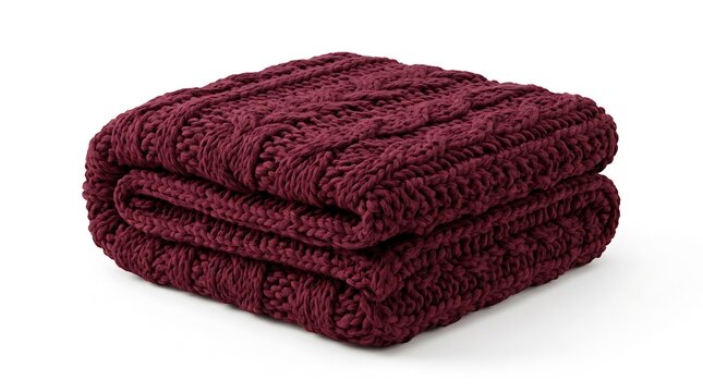 Folded Burgundy Cable Knit Blanket on White Background for Cozy Comfort
