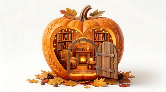 Cozy autumn pumpkin house with warm interior and fall leaves on white