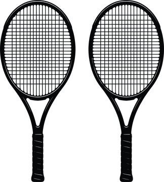 Tennis racket silhouette set featuring pair of detailed sports gear with strings and handle grip vector illustration