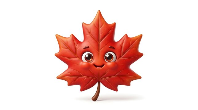 Cute Happy Red Maple Leaf Cartoon Character on White Background