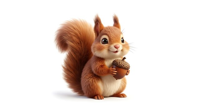 Cute Cartoon Squirrel Hold Acorn Isolated White Background Cheerful Animal
