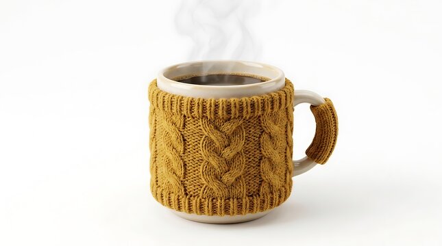 Steaming Hot Coffee in Mustard Knitted Cozy Mug on White Background