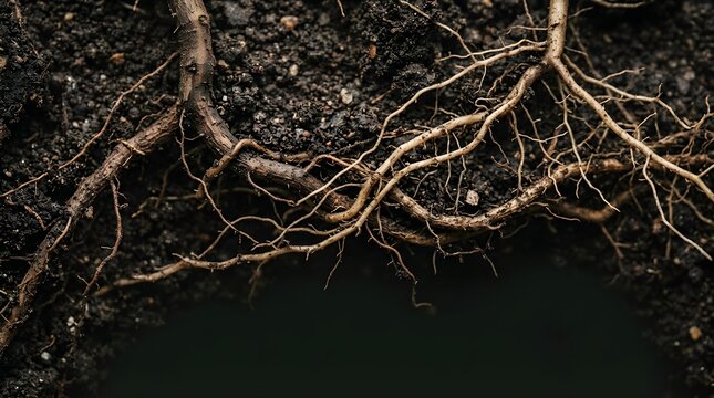 Tree roots spreading through dark fertile soil in a garden environment