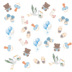 Seamless baby shower pattern with flying stork carrying baby, teddy bears, pacifiers, milk bottles, baby shoes, and blue balloons on white background, vector illustration