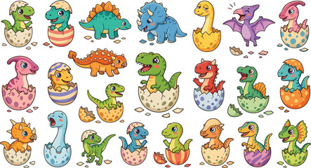 Cute baby dinosaur cartoon vector collection featuring colorful prehistoric hatchlings emerging from decorated eggs, Tyrannosaurus, Triceratops, Stegosaurus, and playful characters © Bokul