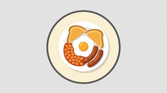 Flat vector icon of English breakfast plate with eggs beans and sausage.