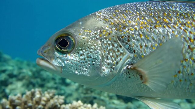 Close-up of a silver fish with yellow spots swimming in clear blue tropical water near coral.