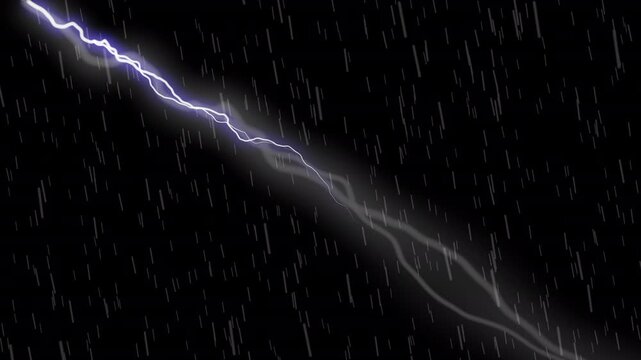 Lightning Strike with Heavy Rain Animation on Black Background .Thunderstorm with Lightning Flash and Heavy Rain Motion Graphic .Rainy Night Sky Animation in Full HD