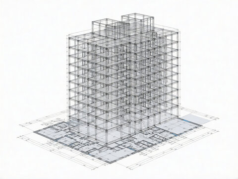 Architectural wireframe of a multistory building structure