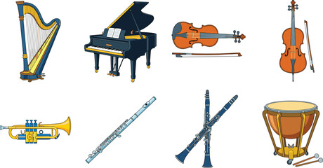 Colorful Vector Illustration of Diverse Orchestral Musical Instruments Collection © Monteza