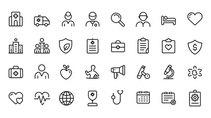Fototapeta premium Medical Healthcare and Life Insurance Line Icon Set vector. Hospital, shield, first aid kit, stethoscope, medical protection, health security, and healthcare service symbols for modern design.