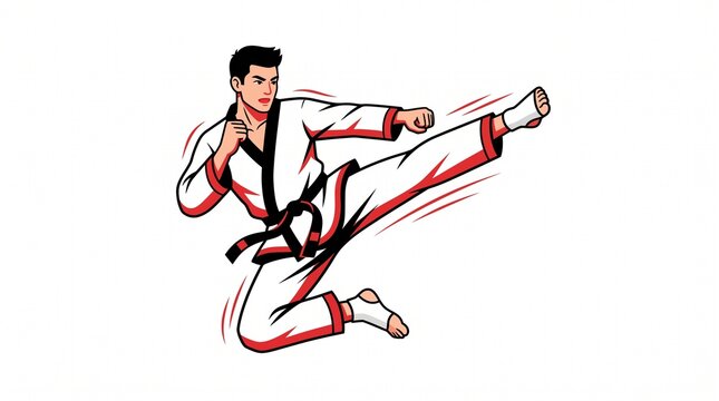 Dynamic Taekwondo Jumping Side Kick Vector Illustration