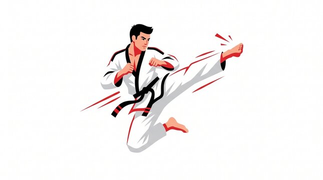 Dynamic Taekwondo Jumping Side Kick Martial Arts Vector Illustration