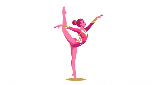 Rhythmic Gymnast in Pink Gold Leotard Performing Needle Scale Vector