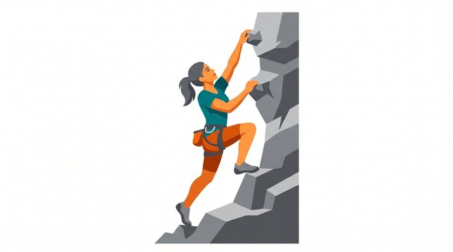 Woman Rock Climbing on Cliff Face Minimalist Vector Illustration
