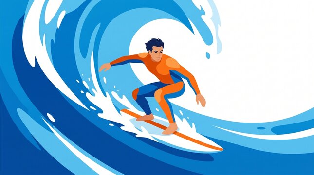 Surfer on a Blue Wave - Flat Vector Illustration