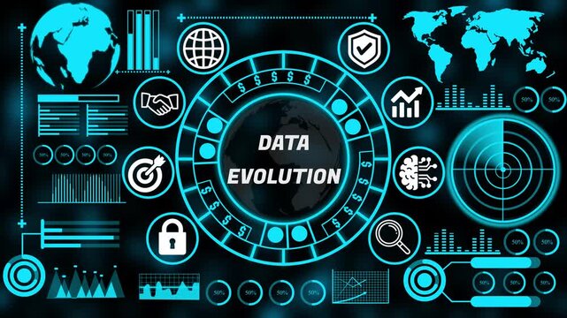 Strategic data evolution concept with interconnected business technology internet icons supporting enterprise decision making and growth. 4k animation video 