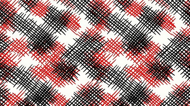 Abstract red and black crosshatch seamless pattern on white background