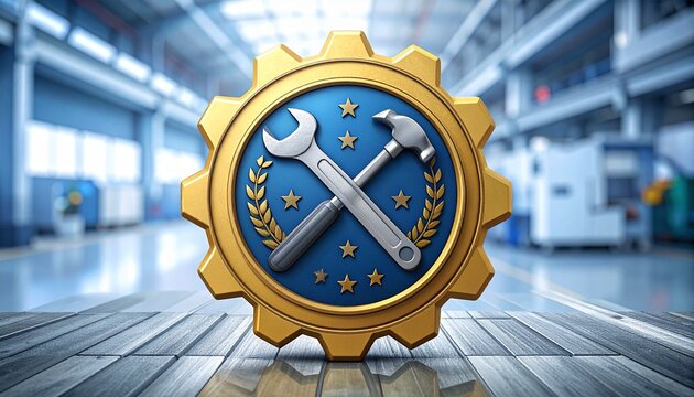 Labour Day metallic badge with tools in factory.