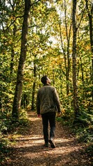 Fototapeta premium A young man walking alone on a peaceful forest path during a sunny autumn afternoon while looking up at the golden canopy of trees above him