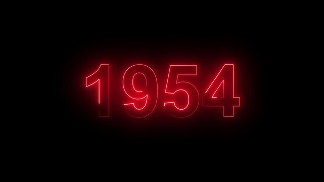 Vintage neon number 1954 glowing in dark retro style. Classic illuminated year display for historical timeline or century celebration.