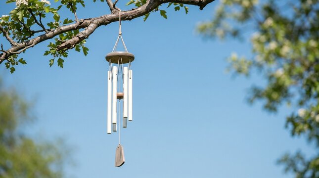 White wind chime hanging from a tree. Decorative garden ornament against a clear blue sky.