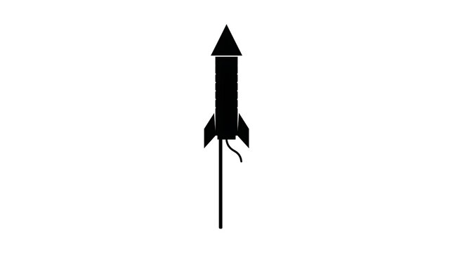 Minimalist black silhouette icon of a traditional firework rocket, perfect for festive celebrations and exciting evening displays