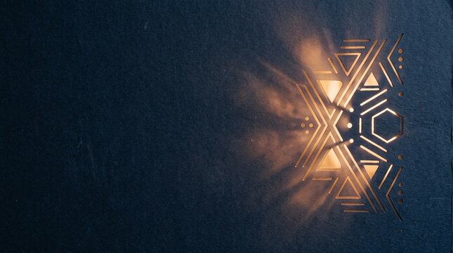 Geometric light leak background. Abstract laser cut pattern on navy blue paper texture.