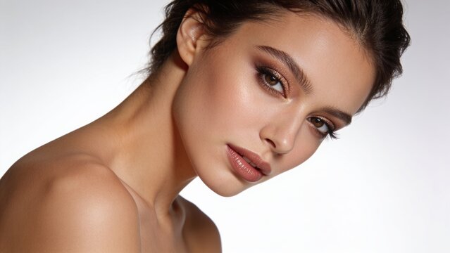 Radiant Beauty Portrait Young Woman with Flawless Skin and Shimmering Eyeshadow