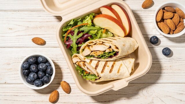 Healthy Chicken Wrap Lunch Box with Fresh Salad Apples Blueberries and Almonds