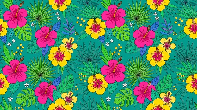 Tropical seamless pattern with hibiscus flowers and palm leaves