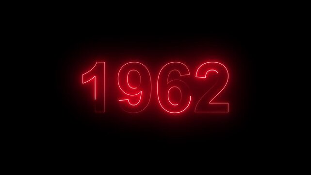 Vintage neon number 1962 glowing in dark retro style. Classic illuminated year display for historical timeline or century celebration.