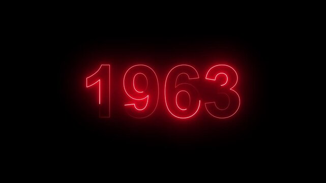 Vintage neon number 1963 glowing in dark retro style. Classic illuminated year display for historical timeline or century celebration.