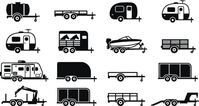Vehicle trailers icon collection featuring camper vans horse trailers boat carriers cargo flatbeds and utility hauling equipment