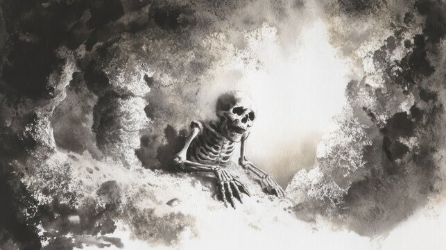 Skeleton in dramatic cloudscape conceptual imagery of mortality and decay